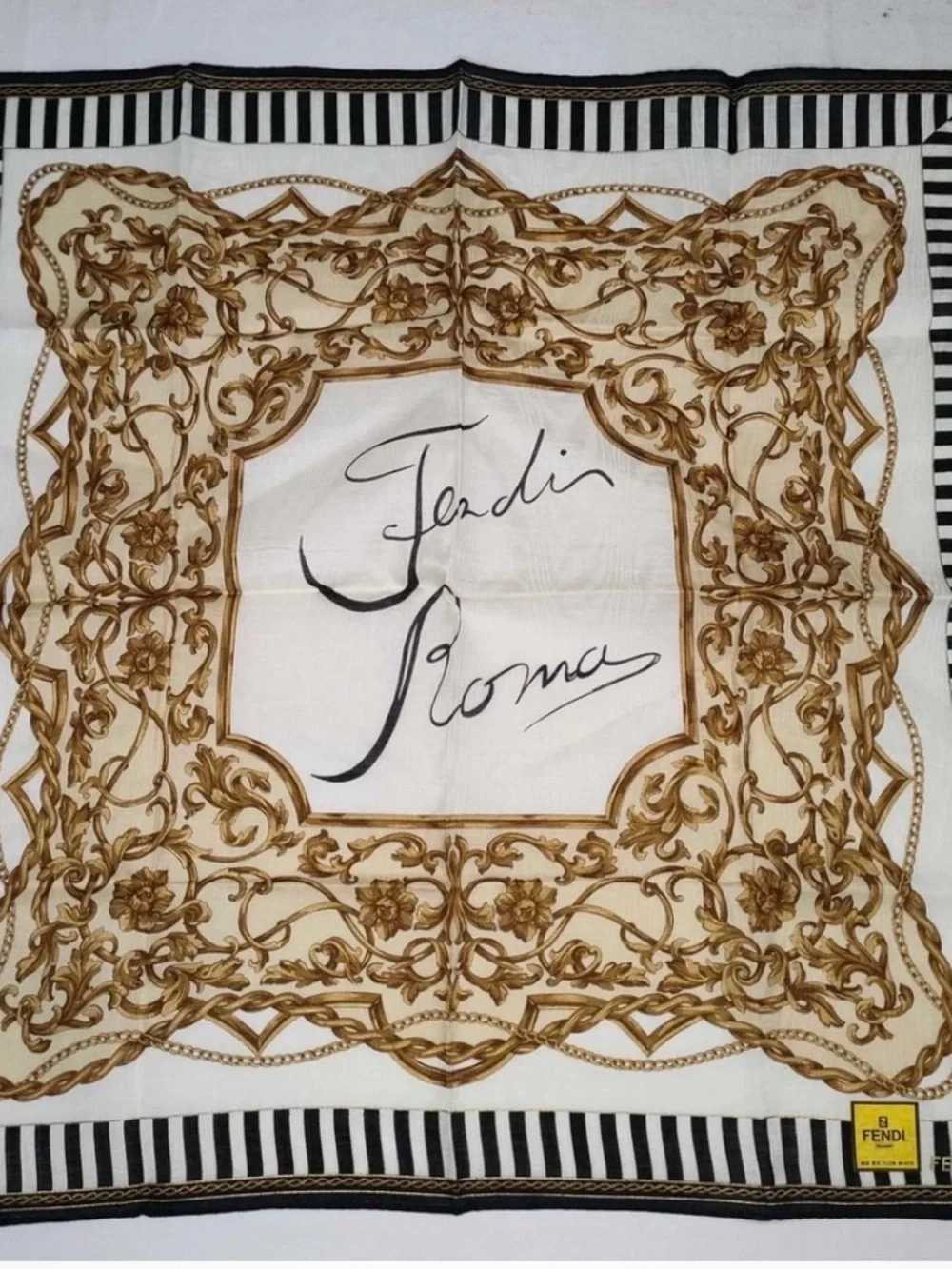 Fendi Black, White and Gold Striped Baroque Silk Scarf
